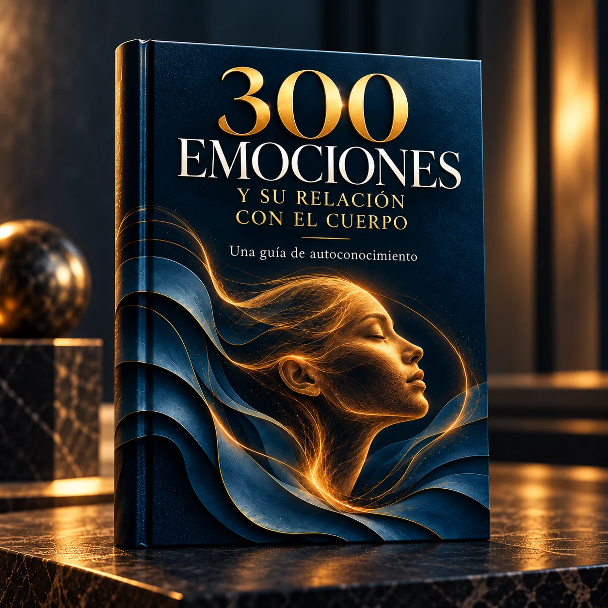 Portada de 300 emociones y su relación con el cuerpo: libro azul y dorado, Una guía de autoconocimiento